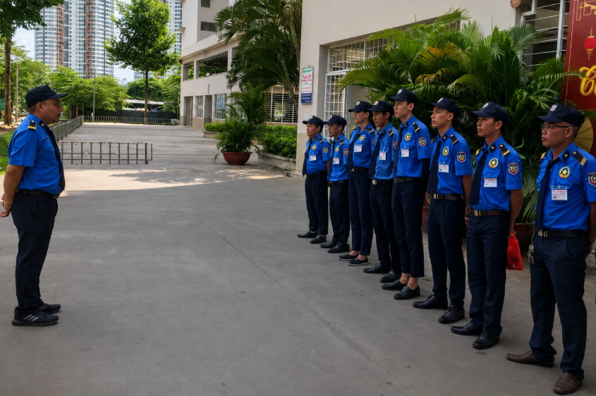 Đội ngũ bảo vệ Hoàng Bách tại khu vực tòa nhà
