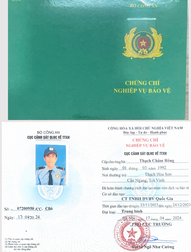 Chứng chỉ nghiệp vụ của nhân viên bảo vệ Hoàng Bách